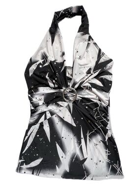Vintage Y2K Kiwi Black White Rhinestone O-Ring Halter Top Juniors M McBling